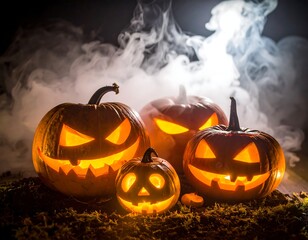 Halloween pumpkins in smoky background