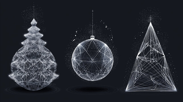 A set of Christmas balls designed with lines, triangles, and particles glowing beautifully against a dark background, creating a festive modern look.