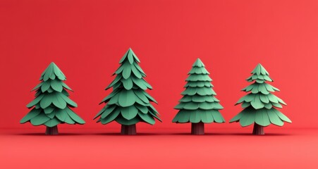 Fototapeta premium 3D isometric green Christmas trees on vibrant red background conveying festive holiday atmosphere