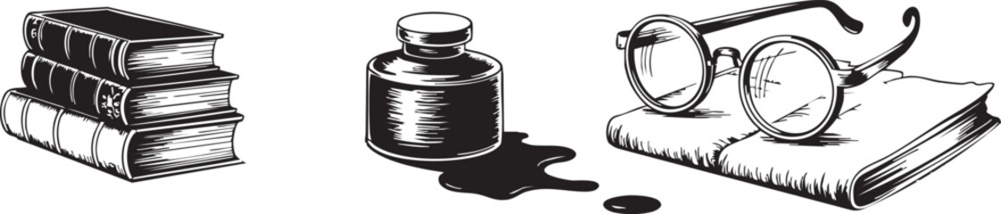 Vintage Hand-Drawn Book, Ink Bottle, and Glasses Illustration
