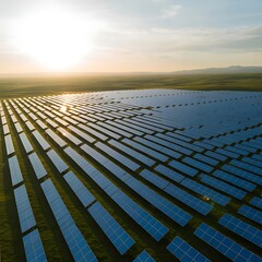 Vast solar farm at sunset with rows of photovoltaic panels stretching to the horizon