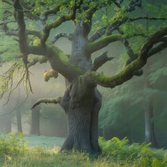 Ancient gnarled oak tree with mossy branches in a misty forest