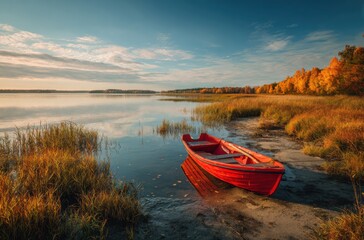 Serene View of a Red Boat on a Tranquil Lake Surrounded by Autumn Foliage and Golden Grass Capturing Nature's Beauty at Dusk