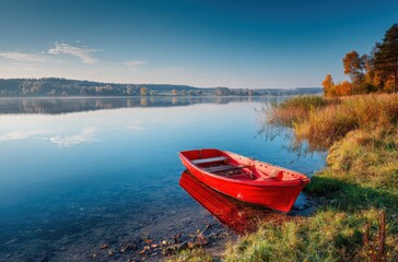 Serene Morning at the Water's Edge: A Tranquil Red Boat Resting on Calm Waters Surrounded by Lush Nature and Beautiful Autumn Foliage