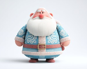 Adorable Cartoon Santa Character in Festive Blue Outfit with Intricate Designs and a Friendly Smile, Perfect for Holiday Illustrations and Decorations