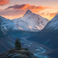 Majestic snow capped mountain peak at sunset with valley below