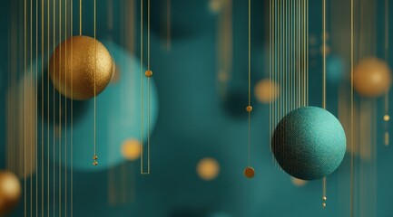 A Captivating Display of Floating Textured Spheres in Shades of Gold and Teal, Perfectly Combined with Elegant Hanging Lines for Modern Aesthetic Design