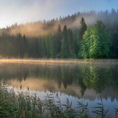Misty morning fog over a serene forest lake with golden sunrise light