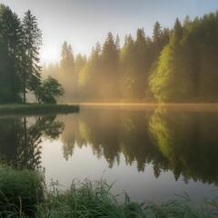 Misty morning sunrise over a calm lake surrounded by forest