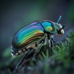 Iridescent jewel beetle on a pine branch with blurred green background