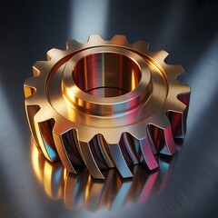 Close up of a brass gear with metallic reflections and dramatic lighting