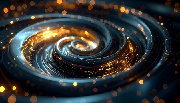 Abstract swirling spiral of dark metallic rings with golden sparkles