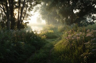 Obraz premium Serene Morning Landscape with Misty Pathway Through Lush Greenery and Wildflowers Near a Calm Water Body