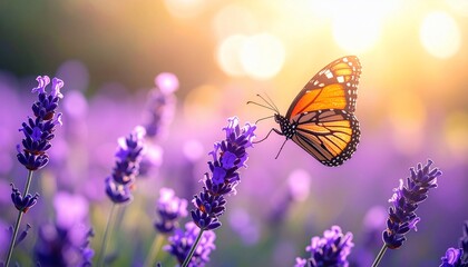 Obraz premium Monarch Butterfly on Lavender at Sunset