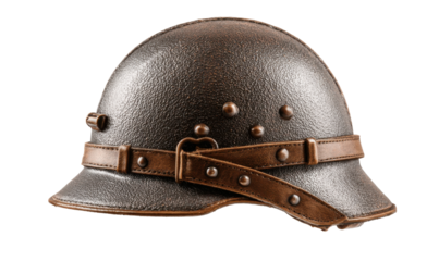 An antique helmet shows textured material with leather strap