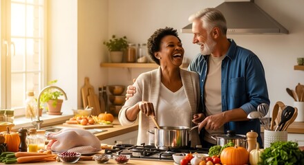 Joyful Senior Couple Cooking a Holiday Meal Together in a Modern Kitchen