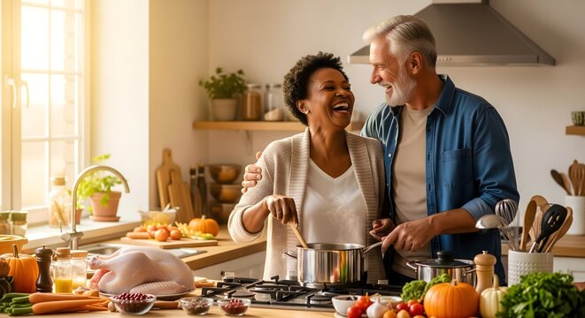 Joyful Senior Couple Cooking a Holiday Meal Together in a Modern Kitchen - Powered by Adobe