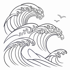 Vector art of a captivating line art illustration showcases the majestic power of ocean waves, with graceful curves and dynamic energy, two birds are flying above the waves