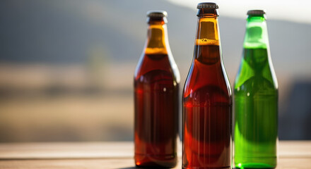 Three beer bottles with refreshing drinks on a wooden surface creating an attractive composition. Beer bottles of diverse hues on the table enhance visual appeal.