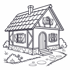 Vector art of a quaint halftimbered house with a steeply pitched roof and charming window shutters, the stone foundation and cobblestone path add to the fairytale charm of this storybook cottage