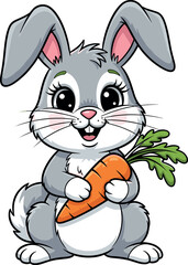 Cute cartoon rabbit holding big orange carrot, cheerful bunny character for kids, Easter design, animal clipart, vector illustration isolated