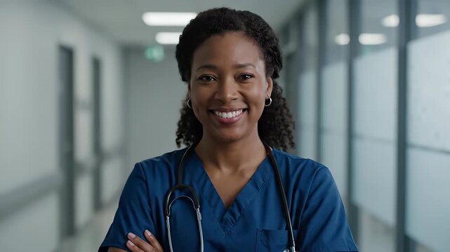A Black female nurse stands in a hospital hallway. A friendly portrait conveying confidence and competence. Healthcare professional, medical service, patient care.