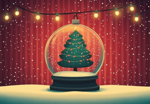 Festive Christmas-themed snow globe featuring a beautifully illustrated Christmas tree adorned with lights, capturing the essence of the holiday season and bringing warmth and joy to any space.