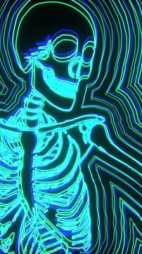 Seamless vertical video animation of glowing dancing skeleton. Funny halloween background  with rainbow neon flare echo effect.
