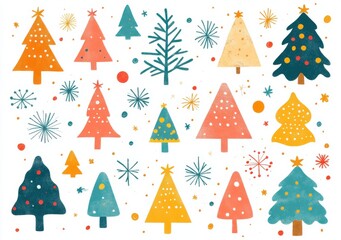 Charming Christmas tree pattern with colorful simple shapes and whimsical design elements for holiday themed projects