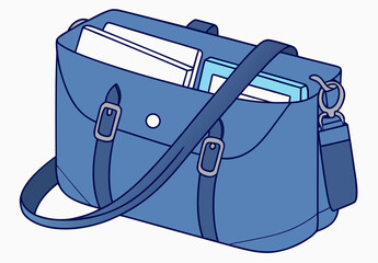 Blue Leather Messenger Bag with Documents and Files