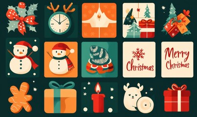 Festive flat design illustration featuring Christmas symbols like snowmen, gifts, and holly on a decorative, seasonal background