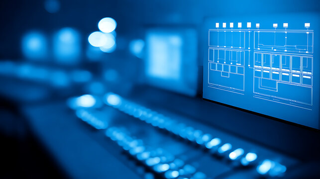 Computer workstation with blueprint display in a dimly lit technical environment