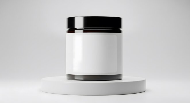 Amber Glass Jar Mockup with Blank Label on a White Podium