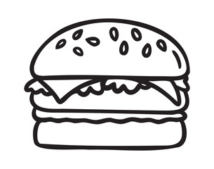Burger icon, hand drawn doodle, line art, monochrome, hand drawn