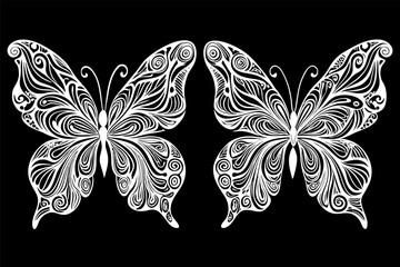 Ornate White Butterflies on Black Background: Decorative Design