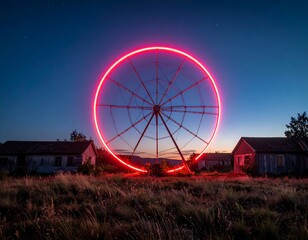 Illuminated Ferris wheel at dusk, abandoned location