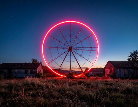 Illuminated Ferris wheel at dusk, abandoned location - Powered by Adobe