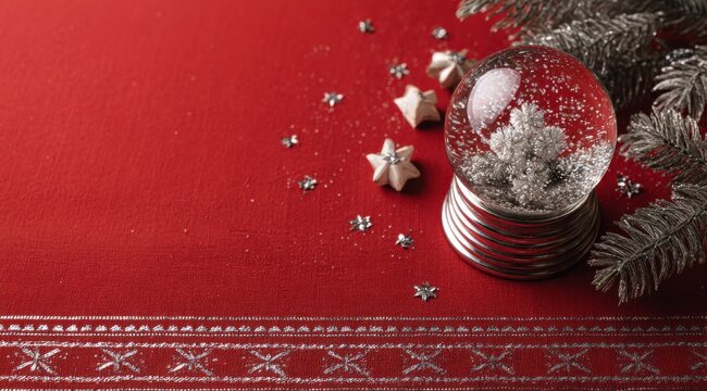 A Festive Scene Featuring a Snow Globe with Winter Elements Set Against a Bright Red Background, Capturing the Magic of the Holiday Season