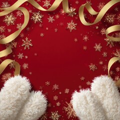 A Cozy Holiday Scene Featuring Plush Mittens and Elegant Snowflake Decorations Against a Rich Red Background