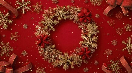 A Festive Display of Golden Snowflakes and Red Bows in a Christmas Wreath Surrounded by Glittering Decorations on a Vibrant Red Background