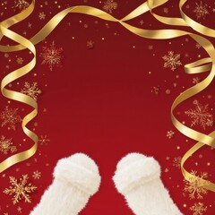 Festive Red Background with Golden Ribbons and Sparkling Snowflakes, Perfect for Holiday Celebrations, Gift Wrapping, and Seasonal Decorations