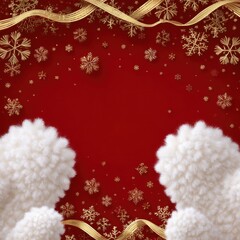 A Cozy Winter Scene Featuring Soft White Mittens Against a Vibrant Red Background with Glittering Snowflakes and Elegantly Curved Gold Accents