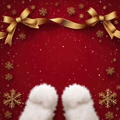 A Festive Scene with Cute White Fur Slippers on a Rich Red Background Adorned with Glittering Gold Stars and Elegant Ribbons, Perfect for the Holiday Season