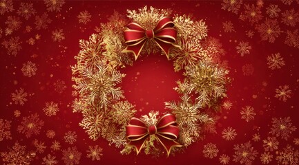 Beautifully Crafted Golden Wreath with Red Bows Set Against a Festive Red Background, Celebrating the Holiday Season with Elegance and Charm