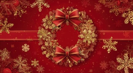 Festive Christmas Wreath with Glittering Snowflakes and Elegant Bows Set Against a Rich Red Background for Holiday Cheer and Decor Inspiration