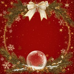 Festive Christmas Wreath with Snow Globe and Golden Bow Against a Red Background, Perfect for Holiday Decorations and Seasonal Celebrations