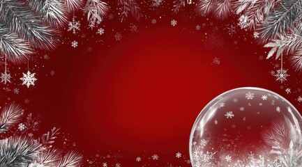 Festive Decoration with Snowflakes and Pine Branches Framing a Christmas Snow Globe on a Rich Red Background to Celebrate the Holiday Season