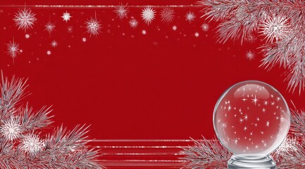 A Sparkling Christmas Scene Featuring a Crystal Snow Globe Surrounded by Glittering Snowflakes and Elegant Silver Foliage on a Rich Red Background