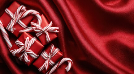 Elegant Christmas Gifts and Candy Canes on Lustrous Red Fabric, Perfect for Holiday Celebrations and Festive Decorations