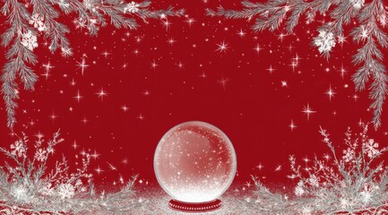 A Beautifully Crafted Snow Globe Surrounded by Frosty Foliage and Sparkling Stars Set Against a Vibrant Red Background for a Perfect Winter Theme